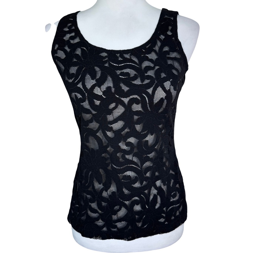 WOLFORD Women's Small Black Floral Lace Sleeveless Tank Top Scoop Neck Sheer